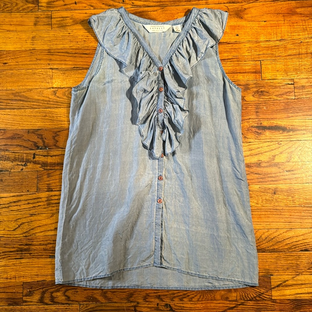 Light Blue Ruffle-Front Sleeveless Top - Women